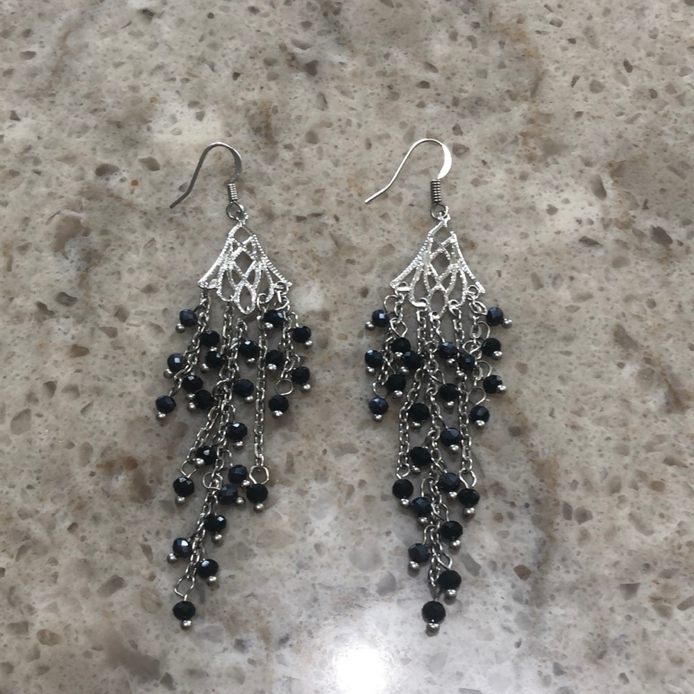 Silver tone Black Dangly Earrings